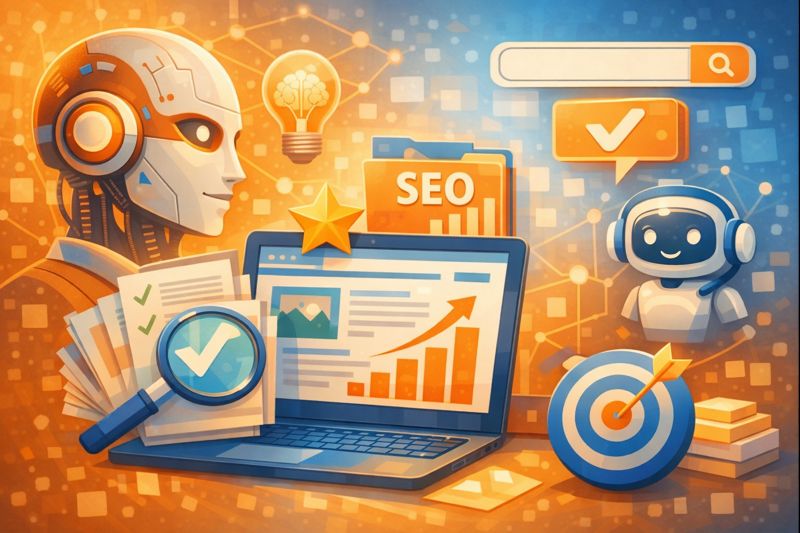 Illustration de la rédaction SEO IA montrant comment un contenu devient une référence fiable pour les systèmes d’intelligence artificielle