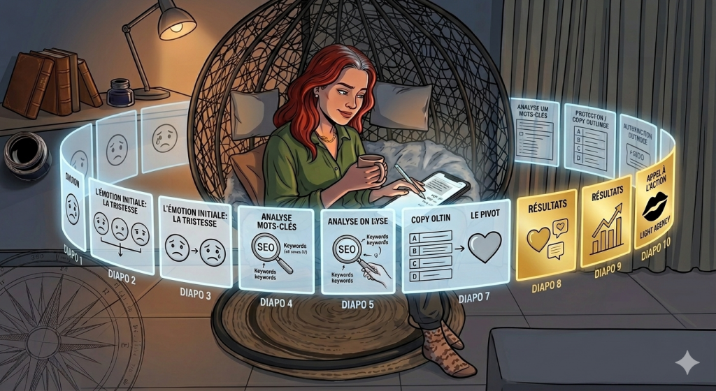 RĂ©dactrice SEO crĂ©ant un carrousel LinkedIn stratĂ©gique Ă 10 diapositives. L'image montre une femme rousse en train de dessiner sur une tablette dans une chaise Ćuf, entourĂ©e d'un arc de diapositives virtuelles et lumineuses. Ces diapositives dĂ©composent les Ă©tapes de crĂ©ation du carrousel, de l'Ă©motion de base (tristesse) Ă la solution SEO, en passant par l'analyse des mots-clĂ©s et le CTA de Light Agency.
