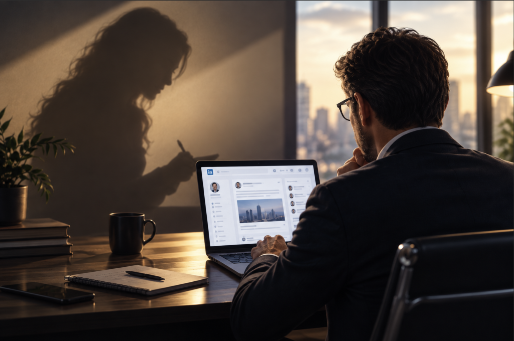 La ghostwriter Hélène LUZ dans l’ombre d’un dirigeant travaillant sur LinkedIn, symbolisant la confidentialité et le travail invisible de la plume qui écrit pour ses clients.